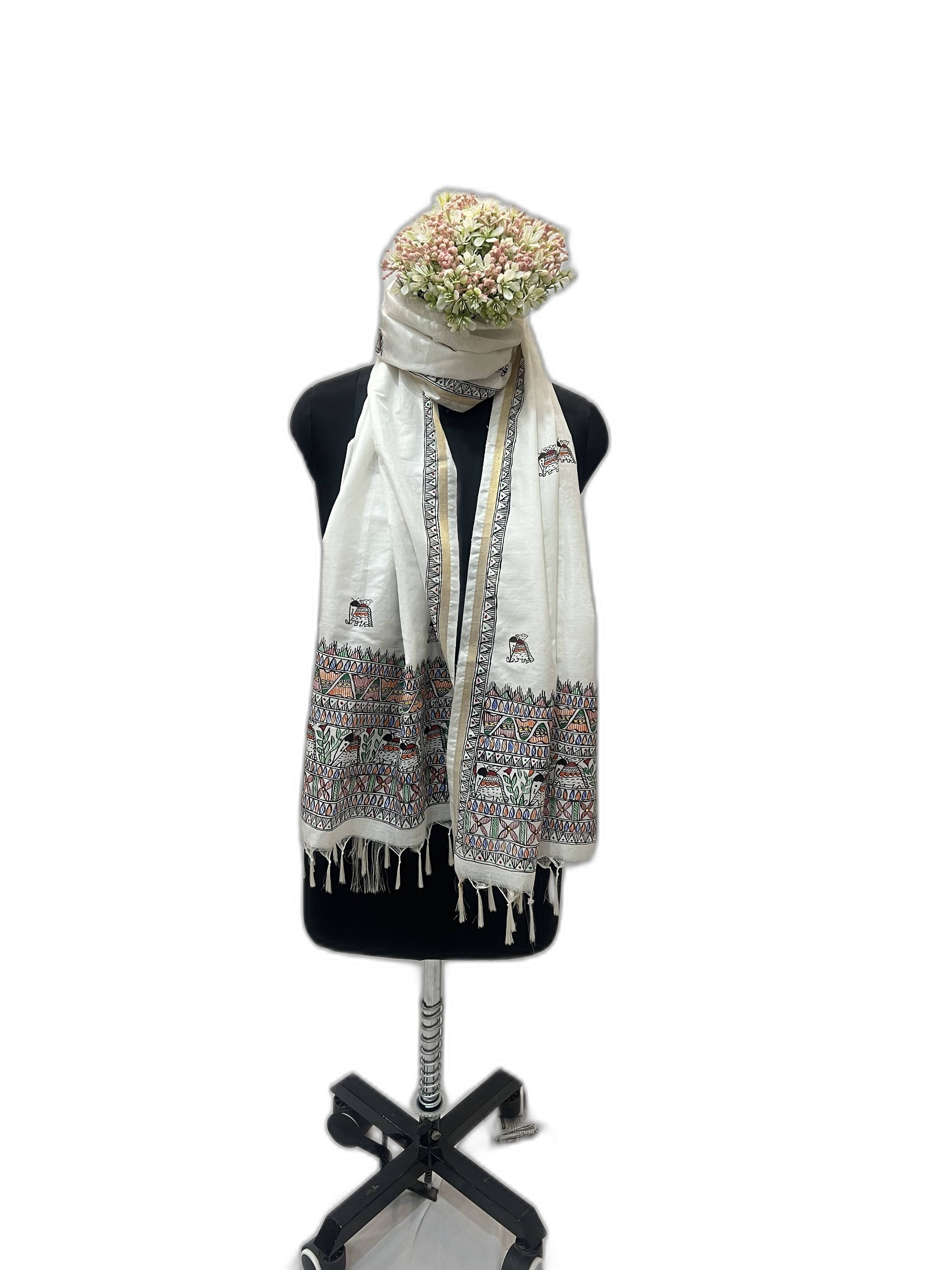 Handpainted Madhubani Katan Silk Stole in White with Zari Border